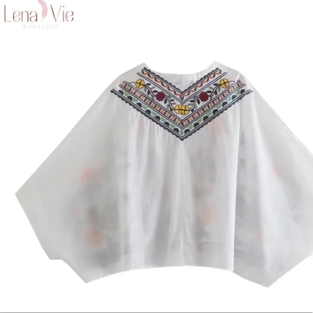 Boho Summer Embroidered Flared Kimono 2 Piece Skirt Set, Cotton Floral Koi Print - Picture 7 of 11